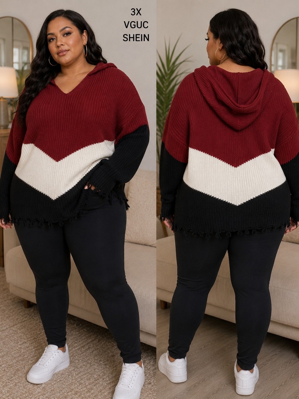 SHEIN Burgundy White Black Chevron Hooded Sweater - Plus Size